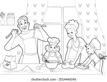 Colores de la familia feliz de libros preparando productos para la masa en una gran mesa. Papá, mamá, hija e hijo pasan tiempo juntos. Ilustración vectorial, arte de línea blanca y negra, caricatura