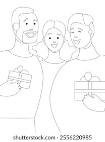 Coloring Book with happy family together as a greeting concept, outline Christmas vector stock illustration, Christmas mood