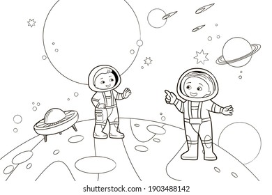 Coloring Book: Happy Kids Astronauts Are Exploring An Unfamiliar Planet Against The Background Of Outer Space. Vector Illustration, Black And White Line Art, Doodle, Sketch