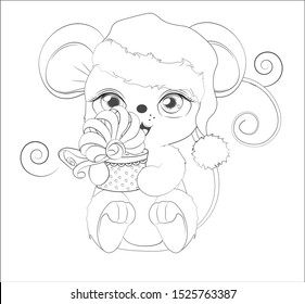 Coloring book Happy new year little mouse, in Santa cap, with gift in hands, in environment of snowflakes  Picture in hand drawing style. Mouse, rat, symbol of New year 2020. Merry Christmas, holiday