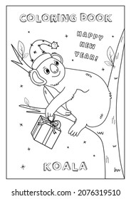 Coloring book Happy New Year! with Koala in hat with present in hand for kids. Black and white, made in vector. Ready to print, format A4.