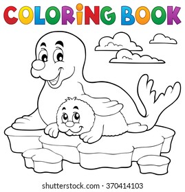 Coloring book happy seal with pup - eps10 vector illustration.