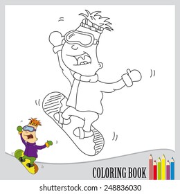 Coloring book - happy snowboarder (vector)