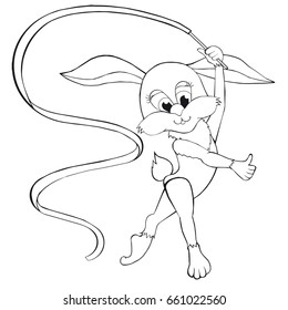 Coloring book  Hare and Rhythmic Gymnastics.  Cartoon style. Isolated image on white background. Clip art for children.