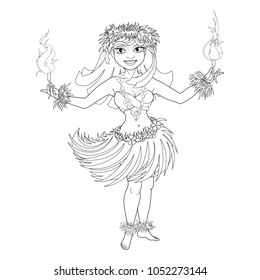 Coloring book with Hawaiian characters. Beautiful girl dancer with fiery torches in traditional Hawaiian clothes for Hula dance. Fire show. Vector image.