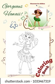 Coloring book with Hawaiian characters. A girl in Hawaiian national clothes dances Hula. Vector with a contour and color image. Background is decorated with linear drawings of pencils, brushes, palett