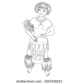 Coloring book with Hawaiian characters. A young man with a drum in Hawaiian national clothes dances Hula. Vector image.