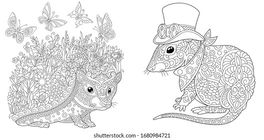 Coloring book. Hedgehog with flowers and butterflies. Mouse in steampunk clothes. Line art design for adult or kids colouring page in zentangle style. Vector illustration. 