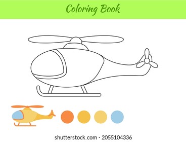 Coloring book helicopter for children. Educational activity page for preschool years kids and toddlers with transport. Printable worksheet. Cartoon colorful vector illustration.