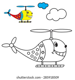 coloring book the helicopter in the sky with clouds for young children with small items for example. vector illustration