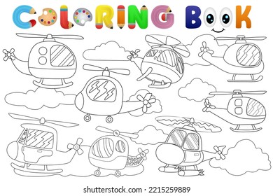 Coloring book of helicopters cartoon with clouds