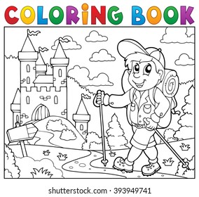 Coloring book hiker near castle - eps10 vector illustration.