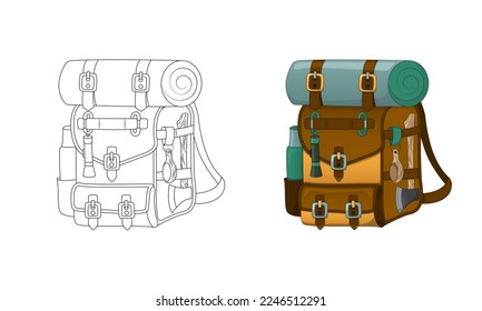 Coloring book of hiking backpack, isolated on white background. Rucksack for traveling or trips.