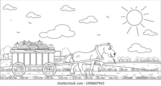 Coloring book horse drags a cart with an autumn harvest. Vector illustration.