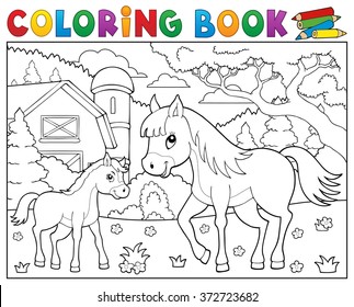 Coloring book horse with foal theme 2 - eps10 vector illustration.