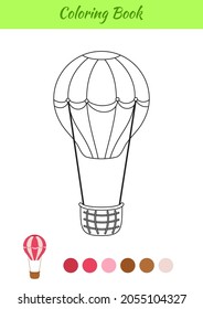 Coloring book hot air balloon for children. Printable worksheet. Educational activity page for preschool years kids and toddlers with transport. Cartoon colorful vector illustration.