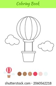 Coloring book hot air balloon for children. Educational activity page for preschool years kids and toddlers with transport. Printable worksheet. Cartoon colorful vector illustration.