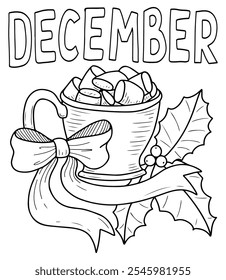 Coloring book hot chocolate hand drawn. Mug sweet drink. Cocoa, marshmallow. Bow ribbon, holly. Happy holiday. Festive joy. December event. Vector outline art illustration. Page for kids and adults.