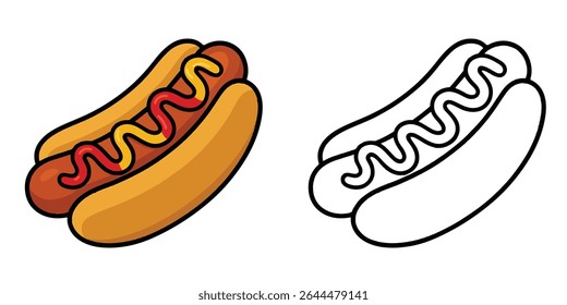 Coloring book of a hotdog with mustard and ketchup on a white background outline illustration