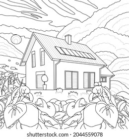 Coloring book house in nature and white calla flowers at sunset