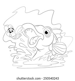 Coloring book. Hungry fish jumps out of the water to catch a fly to eat.