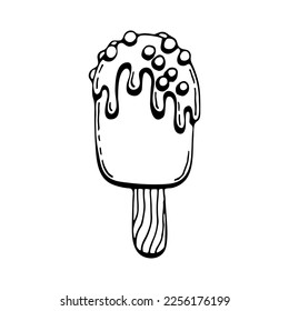 Coloring book ice cream. Eskimo on a stick. Cold summer dessert. Hand drawn line art illustration. Coloring page for kids and adults.