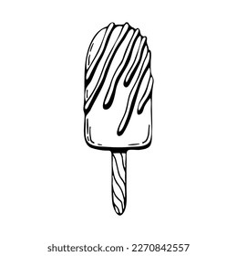 Coloring book ice cream. Eskimo on a stick. Cold summer dessert. Hand drawn line art illustration. Coloring page for kids and adults.