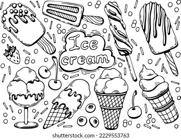 Coloring book ice cream. Hand drawn line art summer illustration. Coloring page for kids and adults.