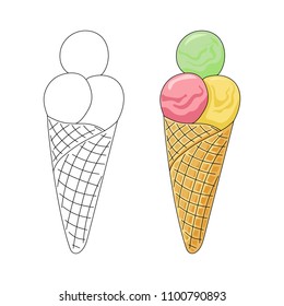 Coloring book ice cream in the horn. Ice cream balls are green, pink and yellow. Cold dessert on a white background. Hand drawing in cartoon style. Vector illustration for children.