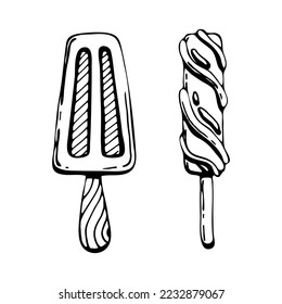 Coloring book ice cream popsicle. Cold summer dessert. Hand drawn line art illustration. Coloring page for kids and adults.