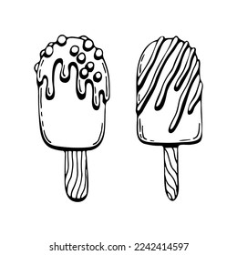 Coloring book ice cream popsicle. Cold summer dessert. Hand drawn line art illustration. Coloring page for kids and adults.