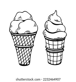 Coloring book ice cream. Sweets set. Hand drawn line art summer illustration. Coloring page for kids and adults.