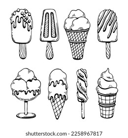 Coloring book ice cream. Sweets set. Hand drawn line art summer illustration. Coloring page for kids and adults.