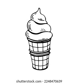 Coloring book ice cream. Waffle cone. Cold summer dessert. Hand drawn line art illustration. Coloring page for kids and adults.