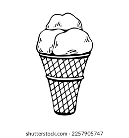 Coloring book ice cream. Waffle cone. Cold summer dessert. Hand drawn line art illustration. Coloring page for kids and adults.