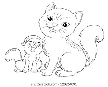 Coloring book - illustration of Cat and little cat