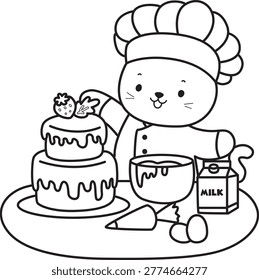 Coloring book of Illustration of cute cat making birthday cake with chef hat