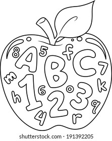 Coloring Book Illustration Featuring an Apple with Numbers and Letters Printed on it