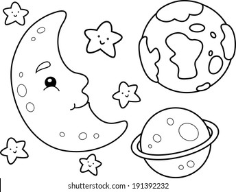 Coloring Book Illustration Featuring Different Heavenly Bodies