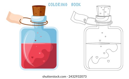 Coloring book of illustration of flasks with potion. Game potion. Coloring page of magic phials, magic bottles for witchcraft, elixir, love potion poison and antidote.