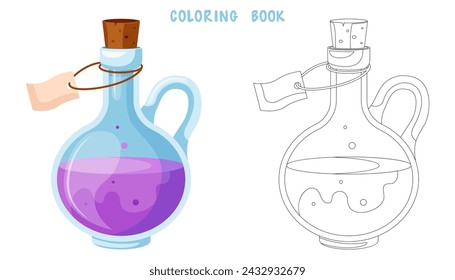 Coloring book of illustration of flasks with potion. Game potion. Coloring page of magic phials, magic bottles for witchcraft, elixir, love potion poison and antidote.