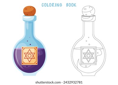 Coloring book of illustration of flasks with potion. Game potion. Coloring page of magic phials, magic bottles for witchcraft, elixir, love potion poison and antidote.