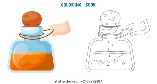 Coloring book of illustration of flasks with potion. Game potion. Coloring page of magic phials, magic bottles for witchcraft, elixir, love potion poison and antidote.