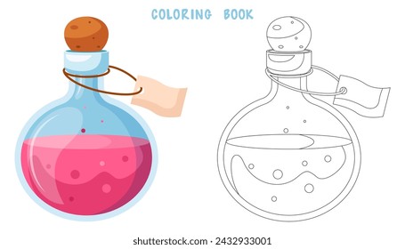 Coloring book of illustration of flasks with potion. Game potion. Coloring page of magic phials, magic bottles for witchcraft, elixir, love potion poison and antidote.