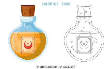 Coloring book of illustration of 
flasks with potion. Game potion. Coloring page of magic phials, magic bottles for witchcraft, elixir, love potion poison and antidote.