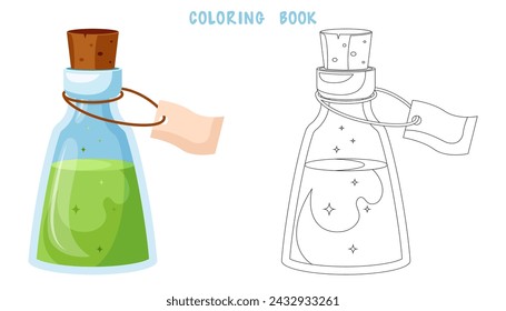 Coloring book of illustration of flasks with potion. Game potion. Coloring page of magic phials, magic bottles for witchcraft, elixir, love potion poison and antidote.