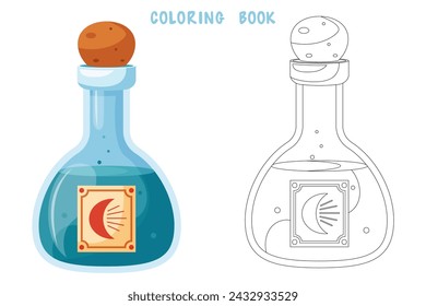 Coloring book of illustration of flasks with potion. Game potion. Coloring page of magic phials, magic bottles for witchcraft, elixir, love potion poison and antidote.