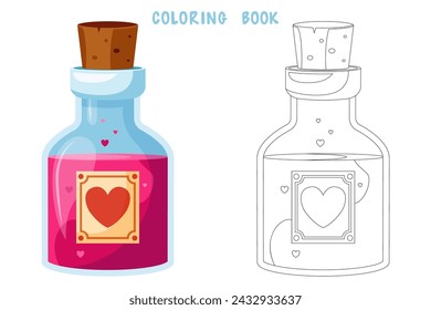 Coloring book of illustration of flasks with potion. Game potion. Coloring page of magic phials, magic bottles for witchcraft, elixir, love potion poison and antidote.