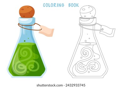 Coloring book of illustration of flasks with potion. Game potion. Coloring page of magic phials, magic bottles for witchcraft, elixir, love potion poison and antidote.