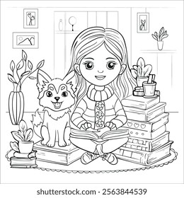 Coloring Book illustration for kids and teens. Cozy  Relaxing Peaceful Scenes. Cute little girl with husky puppy reading the books. Antistress page for children and adults. Zen-tangle